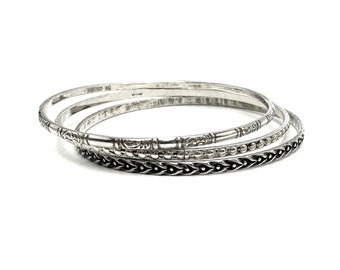 Sterling Silver Slim Bangle Stack Three Mixed  Designs 27.89g