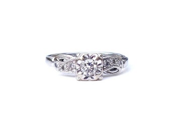 Vintage Engagement Ring 14K White Gold Diamonds 1940s Romantic 2.54g Size 4.75
