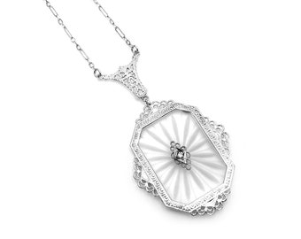 Art Deco Rock Quartz Crystal 14kt  White Gold Filigree Pendant and Diamond on Original 16.25-Inch 14k Chain Bridal Jewelry