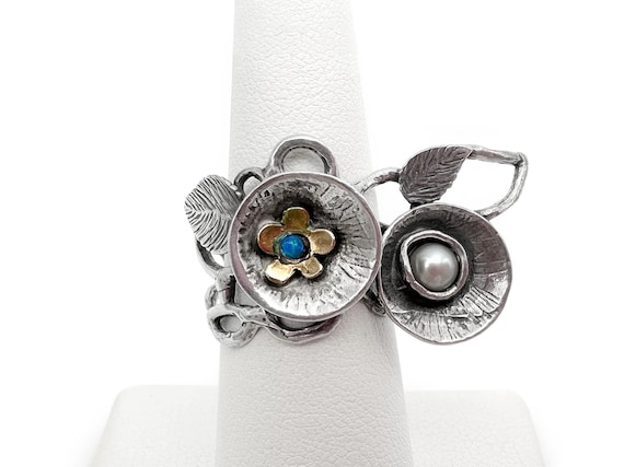 Unique Artisan Bird Nest Ring Sterling and 14K Gold Opal Pearl