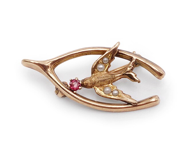 Antique 10k Wishbone and Swallow Pin Safe Home Wishes Come True 1.52g