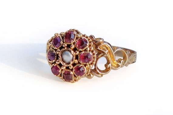 Antique 14K Gold Halo Ring Rubies Pearl Edwardian… - image 1