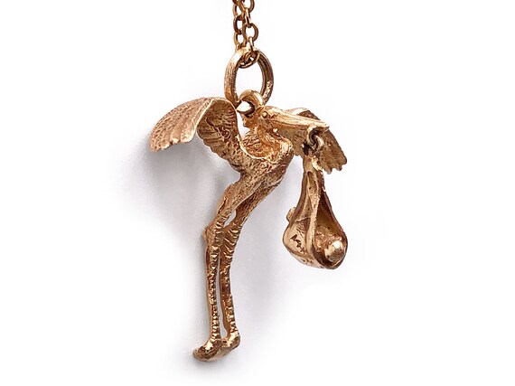 Vintage 14k Rosy Gold Stork with Baby Charm 10k C… - image 3