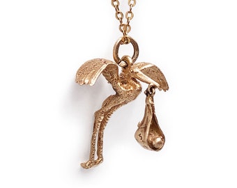 Vintage 14k Rosy Gold Stork with Baby Charm 10k Chain 4.92g