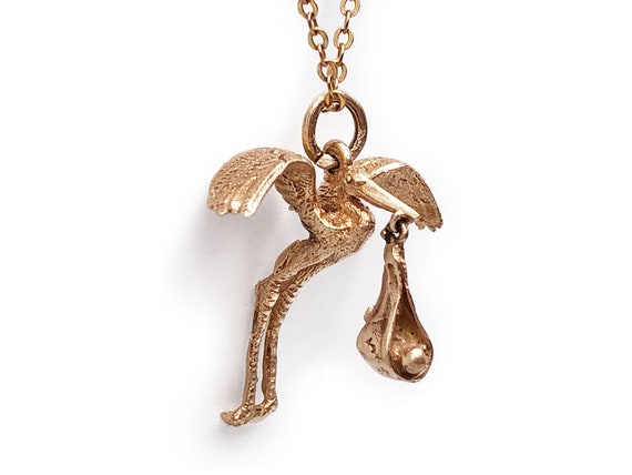 Vintage 14k Rosy Gold Stork with Baby Charm 10k C… - image 1