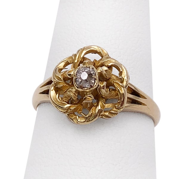 Antiguo victoriano de 18k anillo de oro mina tallado diamante Love Knot 3.65g tamaño 6