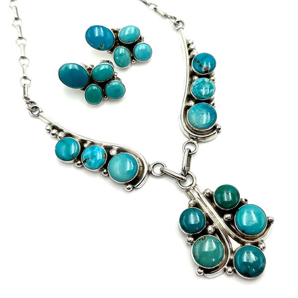 Ray Bennett Turquoise and Sterling Silver Necklace and Earrings Southwest Demi Parure Signed