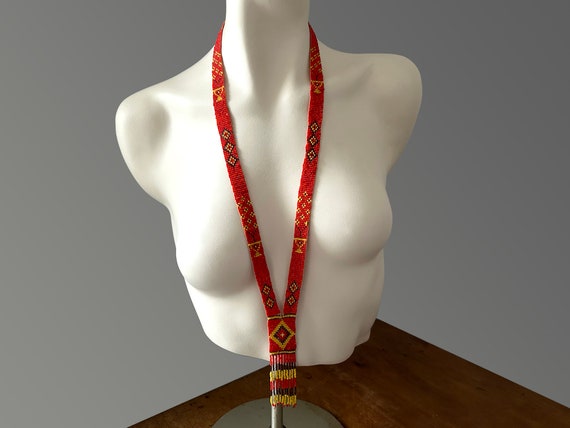 Antique Flapper Seed Bead Necklace Red-Orange Sau… - image 3