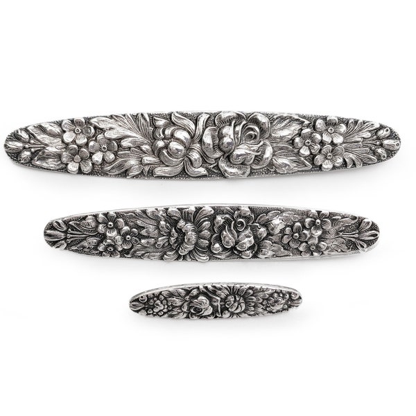 Stieff Sterling Repousse Floral Rose Brooch Bar Pin Set in Three Sizes 23.63g