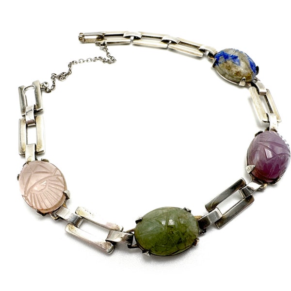 Vintage Scarab Bracelet Sterling Semi-Precious Stones Earth Tones