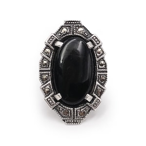 Vintage Art Deco Sterling Silver Marcasite Ring Black Glass 1920s Gothic 6.11g Size 5.25