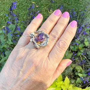 Sterling Amethyst Brutalist Ring Denmark Signed Size 8