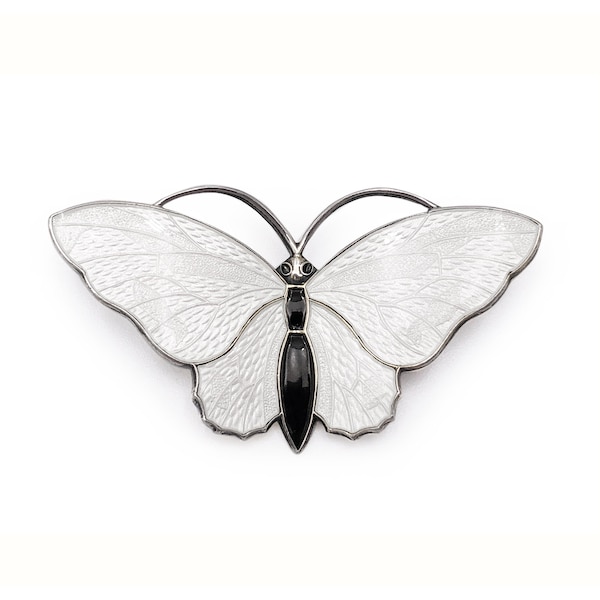 Vintage White Butterfly Brooch Sterling Guilloche Aksel Holmsen Norway