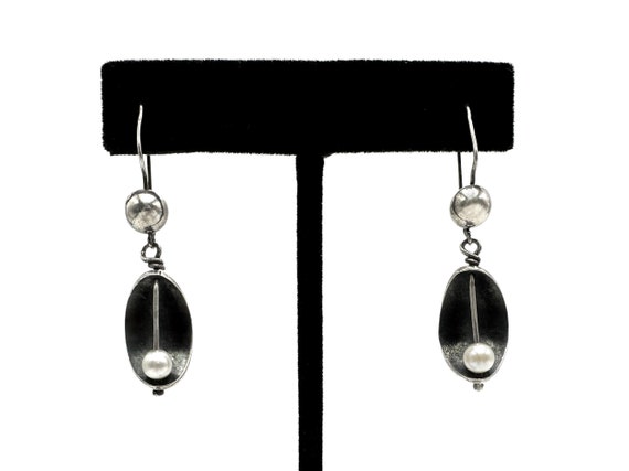 Boucles D'oreilles Argent Et Perles - Style Moderne Vintage - Occasion En Bon état