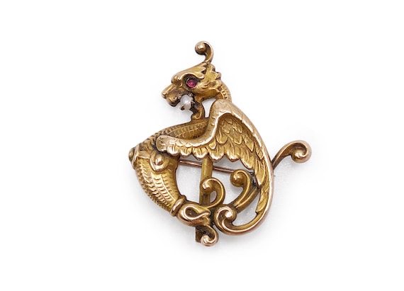 Antique Dragon Pin 10k Gold Vibria Wyvern Victori… - image 1