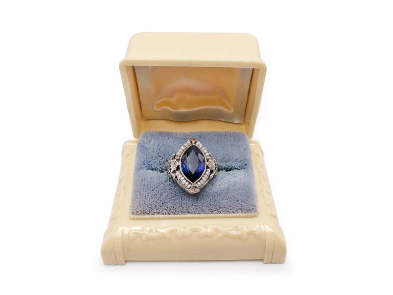 Vintage Ring Presentation Box Cream Celluloid and Blue Plush image 3