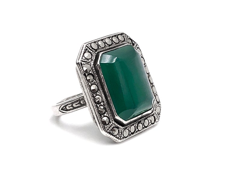 Art Deco Sterling Ring Krysopras Markasit bild 4