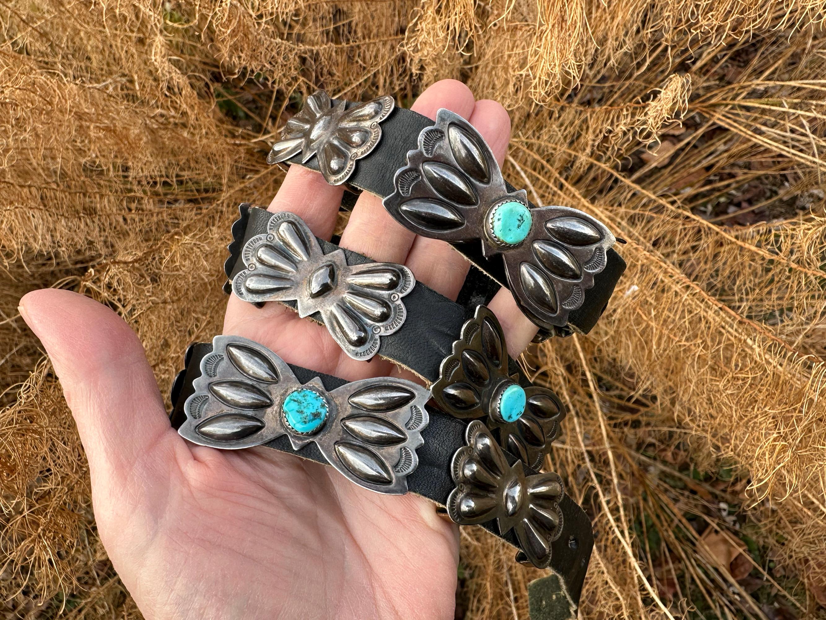 Vintage leather sterling turquoise concho belt - Etsy 日本