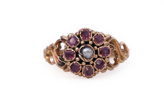 Antique 14K Gold Halo Ring Rubies Pearl Edwardian… - image 2