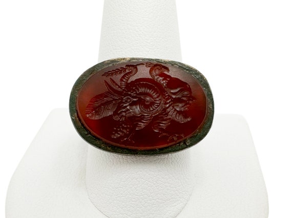 Antique Bronze Ring with Carnelian Engraved Intag… - image 1