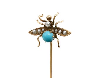 Antique Fly Pin - 14k Gold Stick Pin - Victorian Fly Jewelry - Turquoise Glass - Diamond - Pearl - Secrets Kept