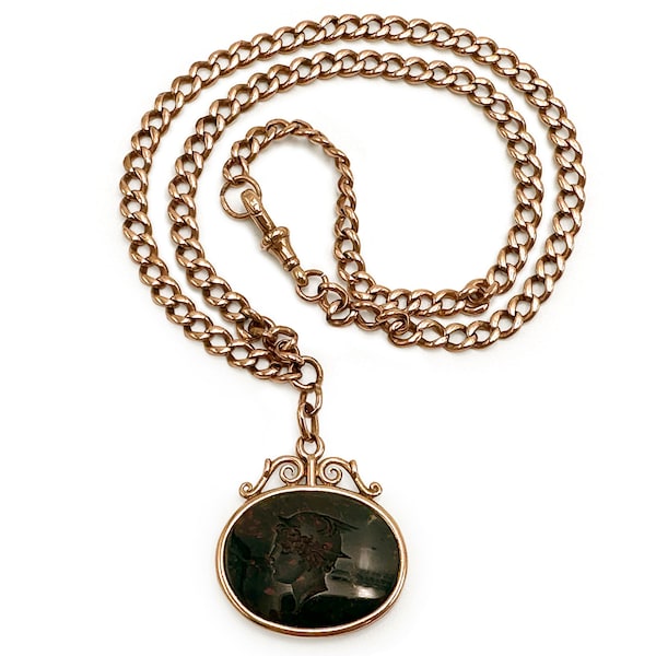 Antique 9k Watch Chain with 14k and Bloodstone Intaglio Fob Roman God Mercury Gilded Age