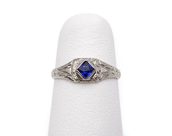 Antique 14k Midi Ring White Gold and Lab Sapphire Ring 1.13g Size 2