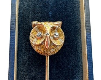 Owl Stick Pin, Tri-Color 14k Gold and Old European Cut Diamonds, Victorian Pin in Antique Box