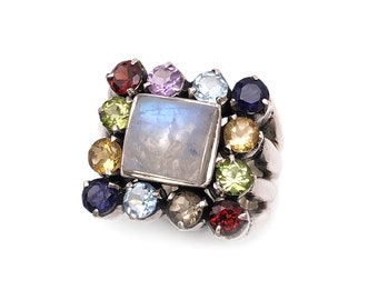 Cocktail Party Ring Big Colorful Moonstone and Semi Precious Stones Sterling Silver 14.44g Size 7.5