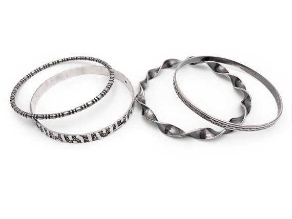 Silver Bangle Stack Four Bangles Mixed Designs 51… - image 4