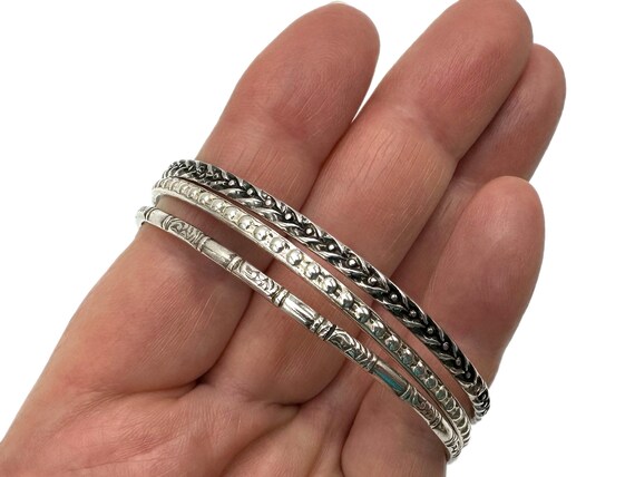 Sterling Silver Slim Stacking Bangles Three Mixed… - image 4