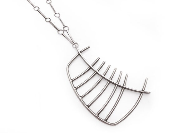 Large Modernist Sterling Pendant Ribcage with Uni… - image 1