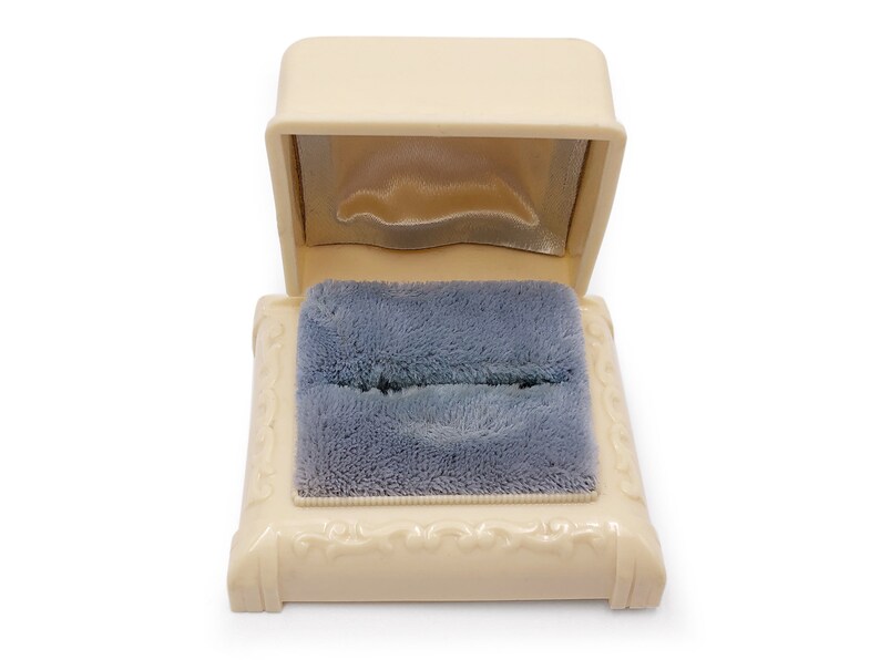 Vintage Ring Presentation Box Cream Celluloid and Blue Plush image 1