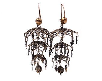 Antique Filigree Earrings Silver Gilt Goth Chandelier