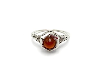 Art Deco 14K White Gold Filigree Ring Carnelian