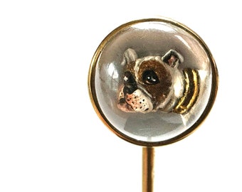 Bulldog Stick Pin, Reverse Intaglio, 14k Yellow Gold, Antique Victorian