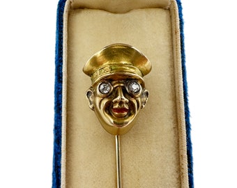 Antique Edwardian Motorist Stick Pin 14k Gold and Old European Cut Diamonds in Antique Box