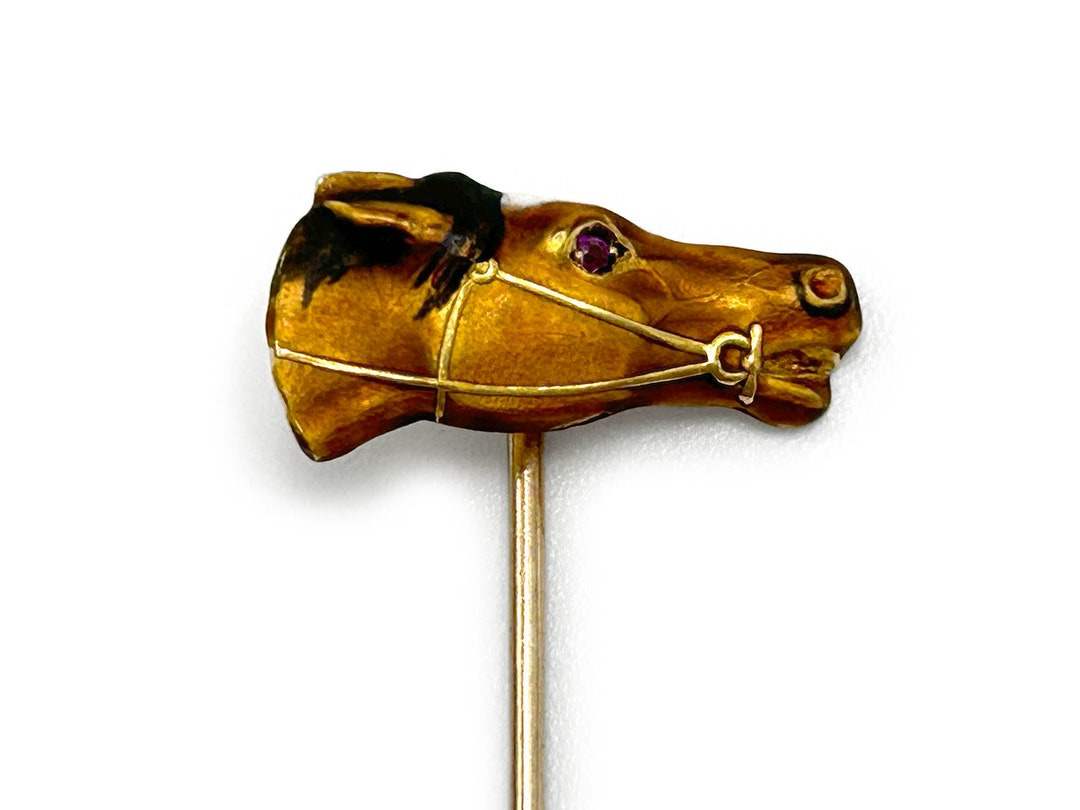 Antique Figural Race Horse Stick Pin 14k Rosy Gold Enamel Red Spinel