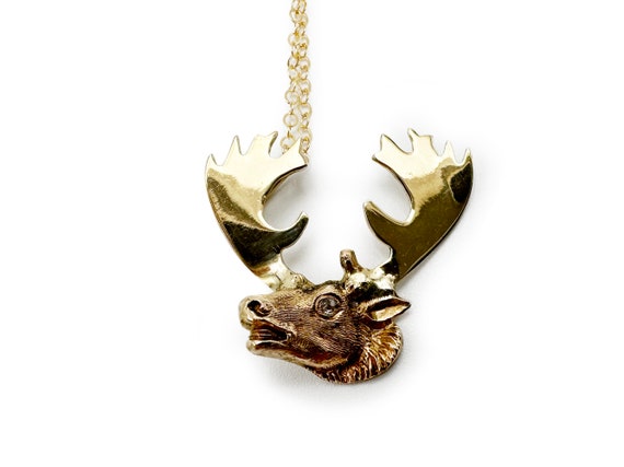 Moose Head Pendant 14k Gold with Rose Cut Diamond… - image 1