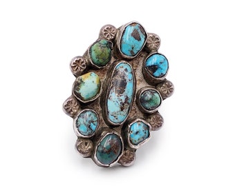 Vintage Turquoise and Silver Large Ring Southwest 1940s-50s 14.42g Size 9