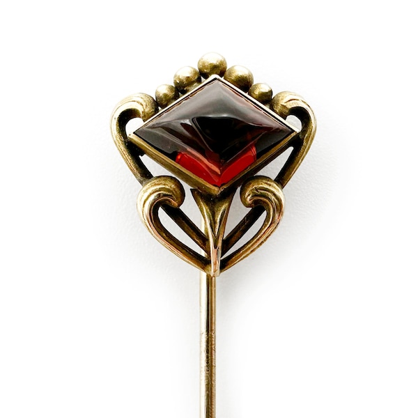 Antique Art Nouveau Stick Pin 14k Gold Garnet Sugarloaf Cabochon Lapel Pin