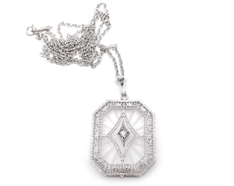Art Deco 14k White Gold Filigree Pendant Necklace