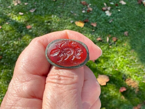 Antique Bronze Ring with Carnelian Engraved Intag… - image 5