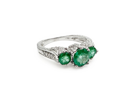 Vintage 14k White Gold Ring Emeralds and Diamonds