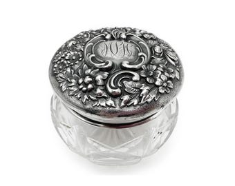Art Nouveau Dresser Jar Sterling Silver Repousse Floral Lid Monogram MHS or MSH