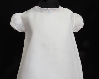 Pretty white (2-5 month) vintage hand sewn baby girl's dress with pink and blue embroidery and slip- for Christening, Baptism, Blessing.