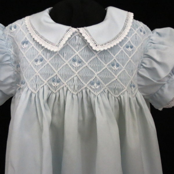Darling blue vintage Feltman Bros. smocked girl's baby dress/gown with hand embroidery work.  Easter, Christenings, Baptisms, and Blessings.