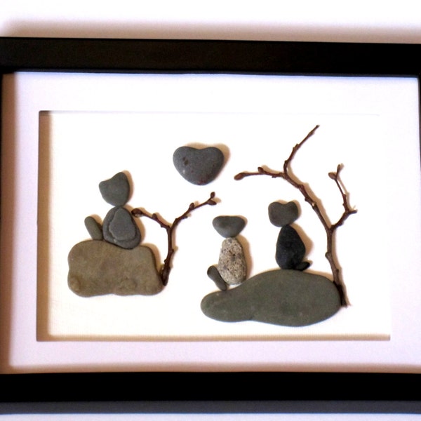 Gift for a Cat Lover; Framed Pebble Kitty Cat art; Family Pebble Cat Picture; Unique Pebble Cat Art; Gift for a kitty lover; Little Girl Art