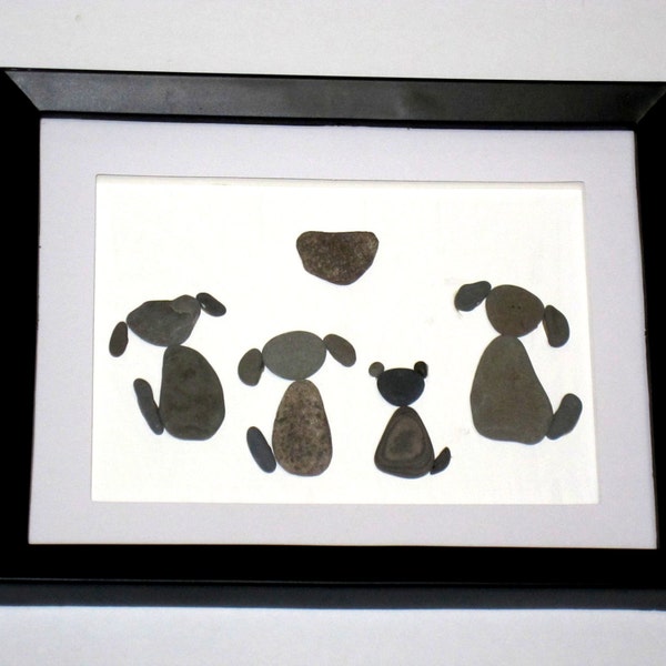 Family pet pebble picture; Unique shadow box animal art; cat and dog pebble art; Animal lover art gift; Vet Animal doctor gift; Loss of pet
