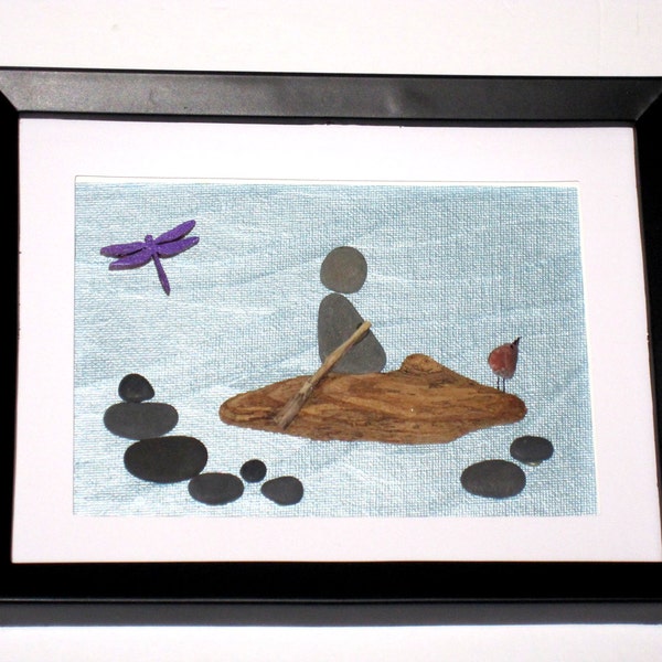 Gift for kayaker; Sailor gift;Paddler gift; Unique pebble kayak art with dog;water sports pebble art; Cottage Decor;Canoe enthusiast Picture